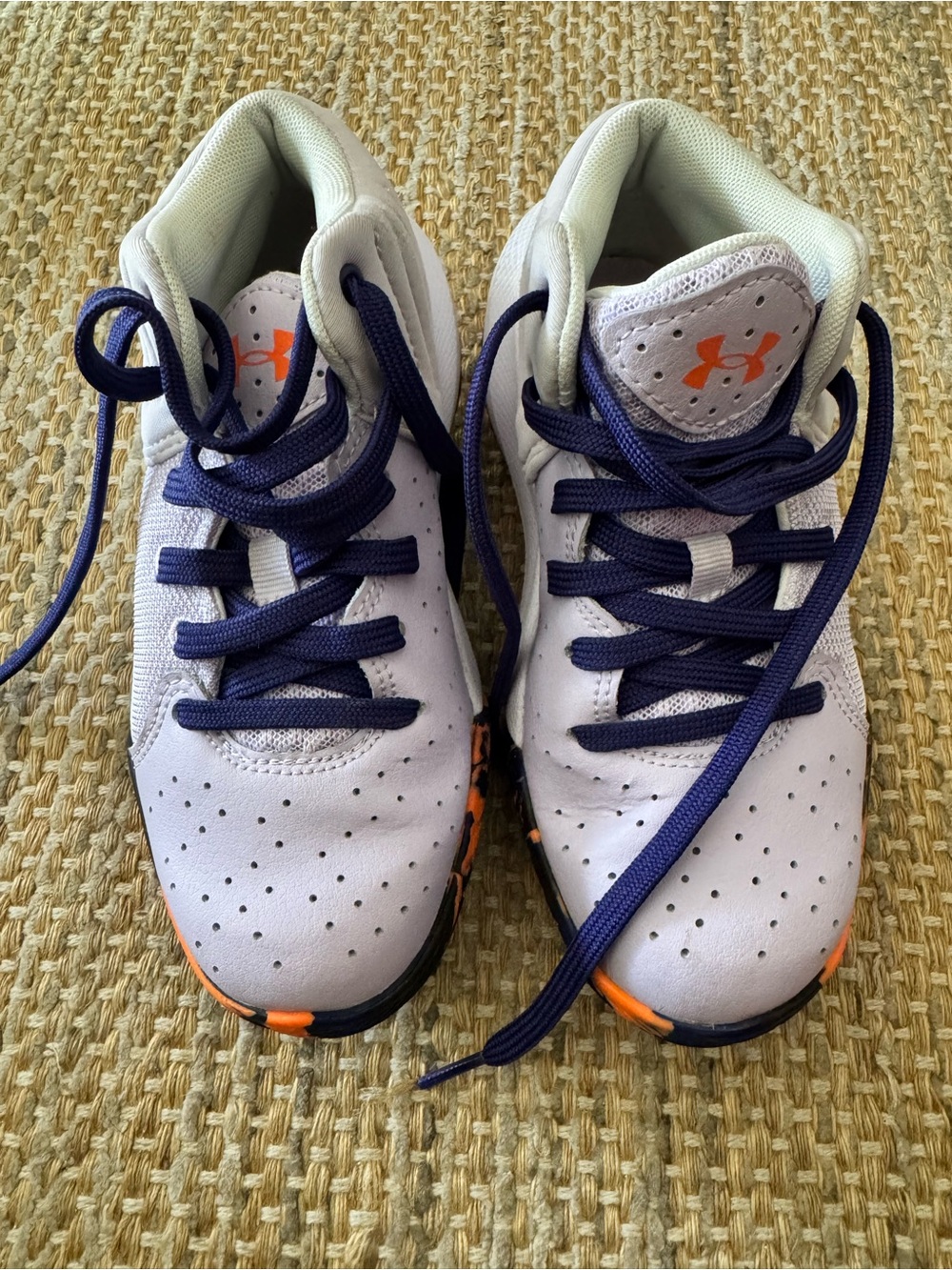 Under Armour Kids Lavender Basketball Shoes with Purple Laces and Orange Logo